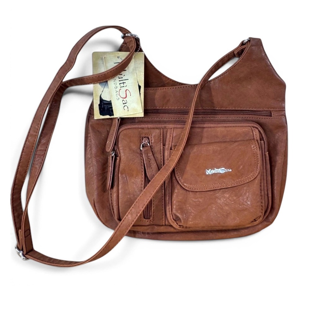 MultiSac Cognac Brown Vegan Leather Multi-Pocket Crossbody Bag iPad Friendly NOS